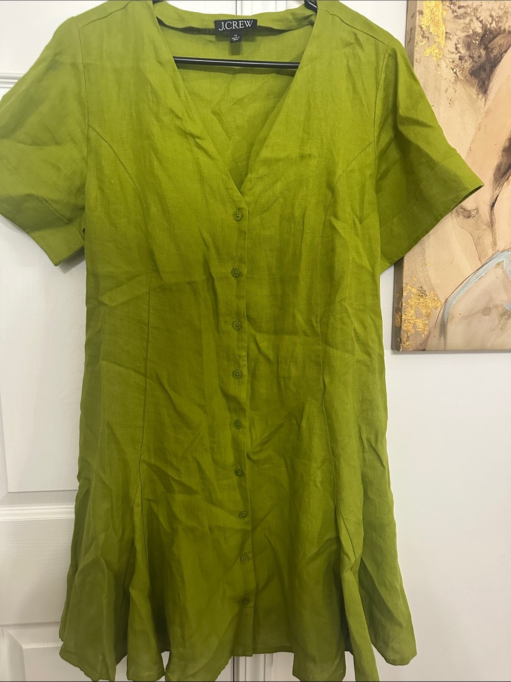 J. Crew Lime Green Button-Front V-Neck Short Sleeve Dress